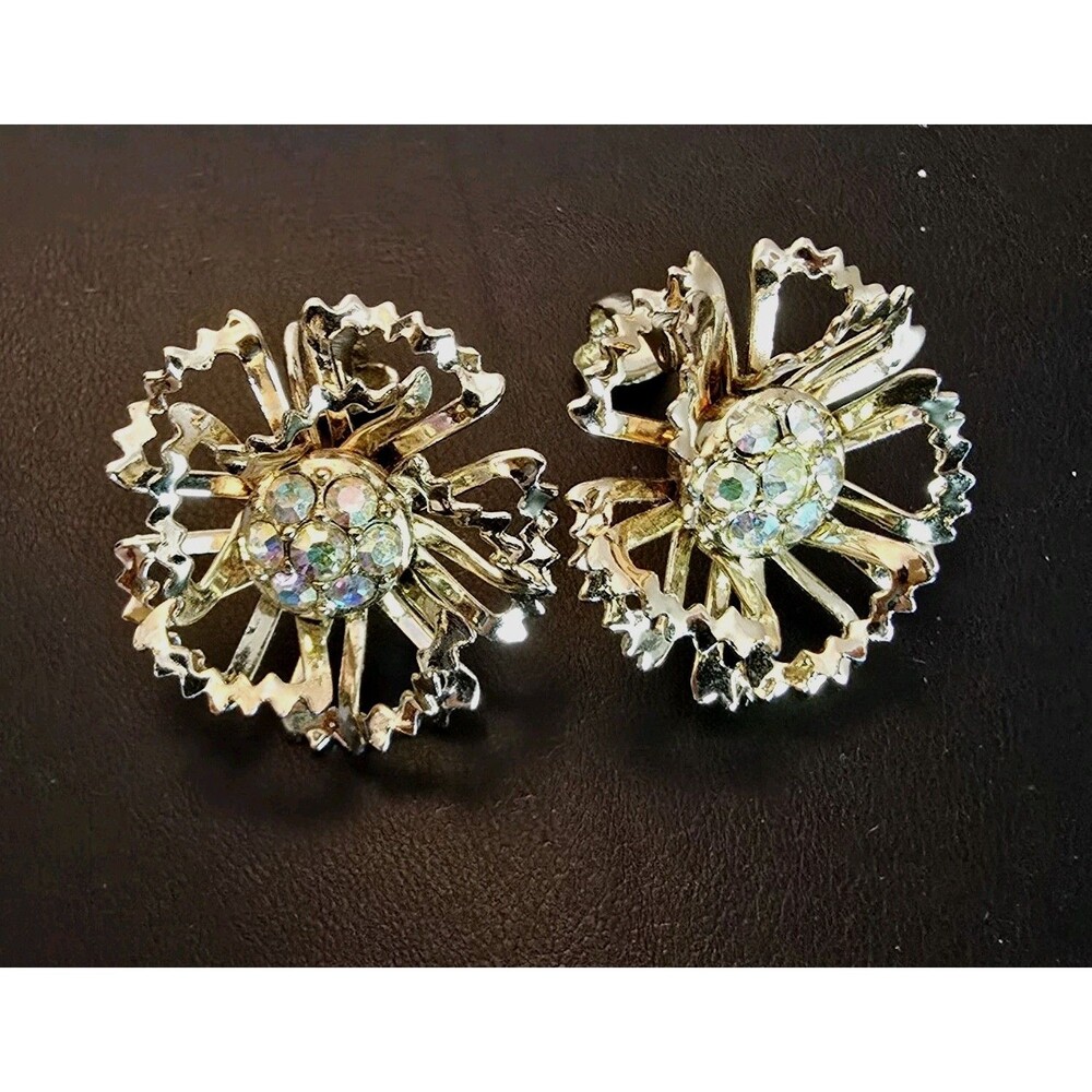 Vintage Gold Tone AB Rhinestone Flower Clip On Earrings Openwork Burst Design